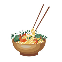 Asian food sticker. Noodles with shrimp, broccoli, mushrooms, and hot pepper. Suitable for restaurant banners, logos, and fast food advertisements. Korean or Chinese food.