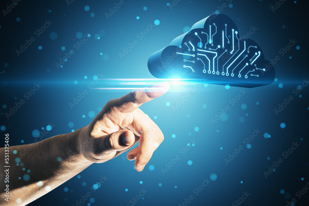 Aufkleber close up of male hand pointing at abstract digital cloud circuit on blue background. cloud computing