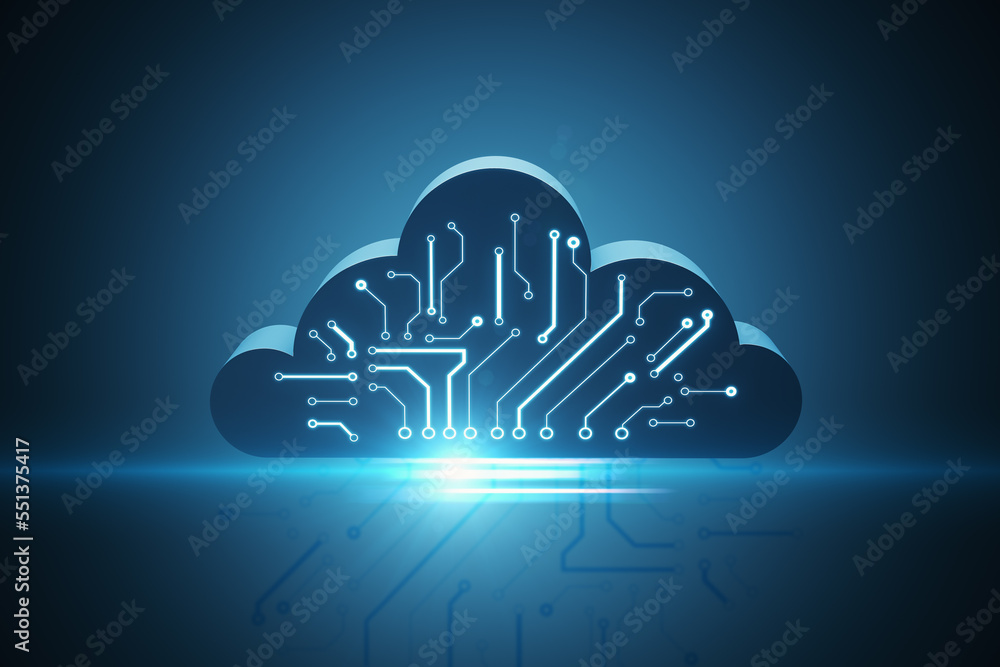 Aufkleber Abstract digital cloud circuit on blue background. Cloud computing, server and integrated digital web concept. 3D Rendering.