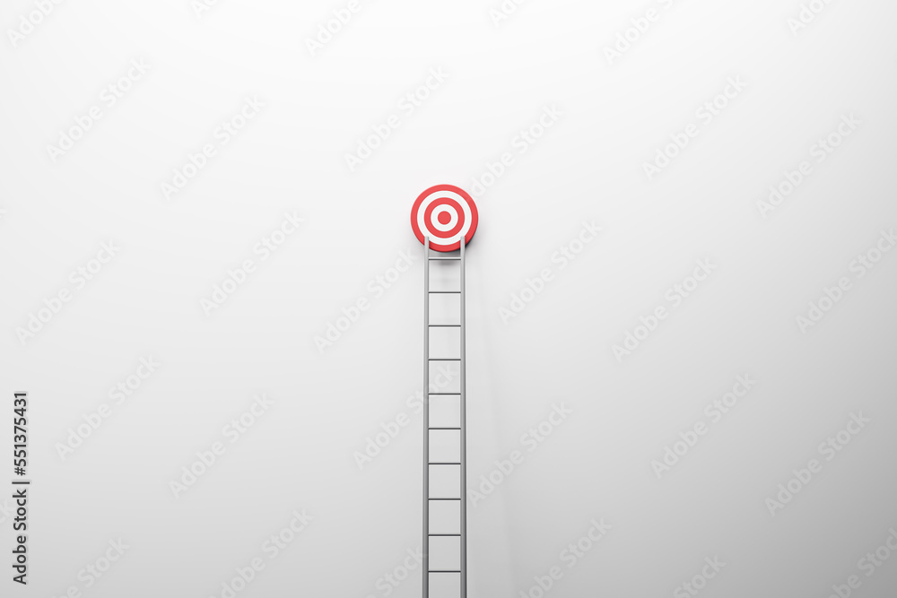 Poster Ladder leading to target on white wall background with mock up place. 3D Rendering.