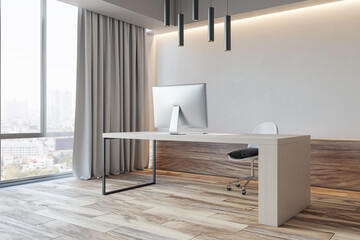 Luxury concrete office interior with wooden flooring, furniture, equipment and window with city view. 3D Rendering.
