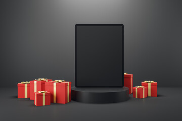 Empty tablet on creative pedestal surrounded with red christmas present boxes on light background with mock up place. Holiday, celebration, gift purchase and commercial design concept. 3D Rendering.