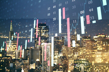 Multi exposure of virtual creative financial chart hologram on San Francisco skyscrapers background, research and analytics concept