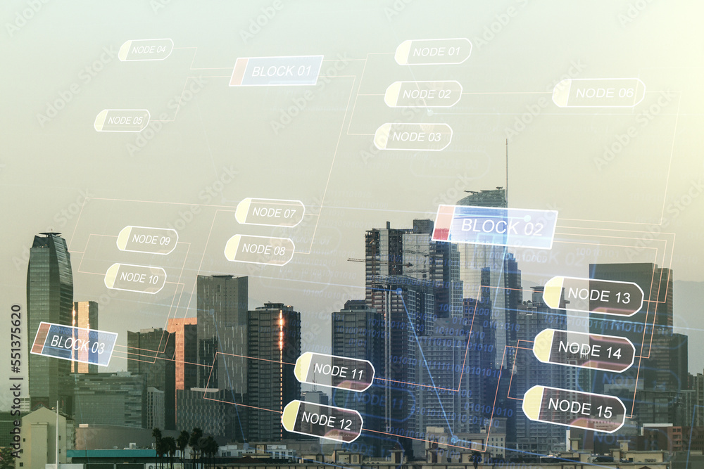 Poster double exposure of abstract creative programming illustration on los angeles office buildings backgr
