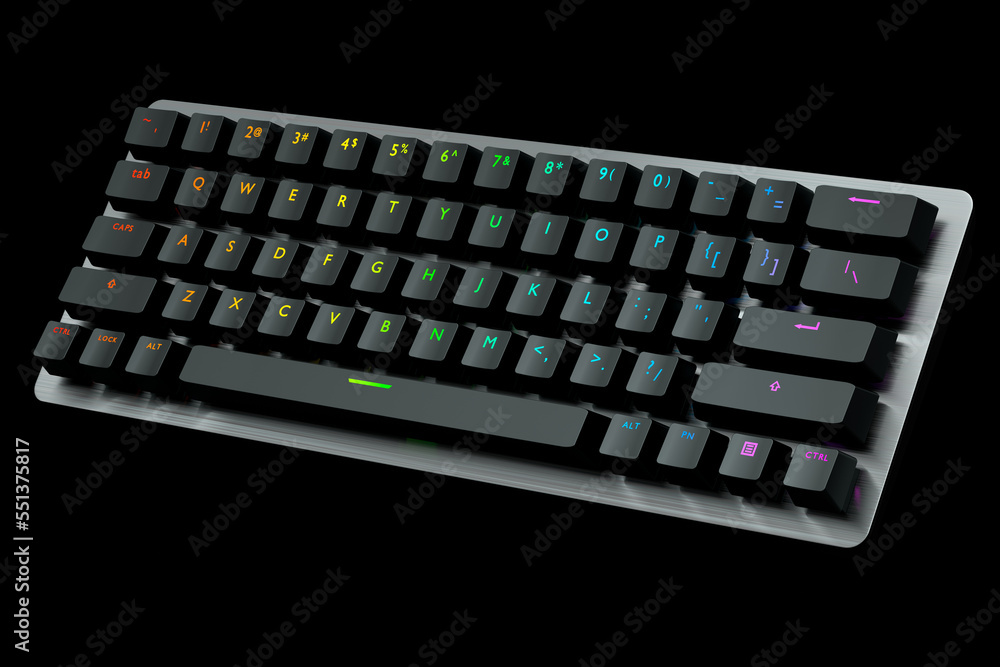 Poster black computer keyboard with rgb colors isolated on black background.