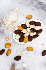 Fototapeta na wymiar Madeleine biscuits with dark and white chocolate glaze and sea shells on white snow