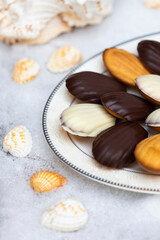 Madeleine biscuits with dark and white chocolate glaze and sea shells on white snow