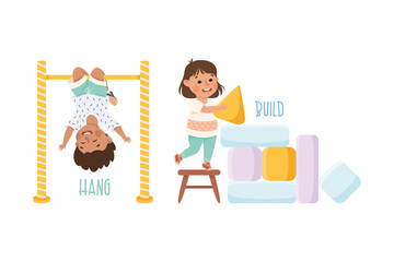 Little Boy and Girl Hanging on Bar and Building Tower of Blocks Demonstrating Vocabulary and Verb Studying Vector Set