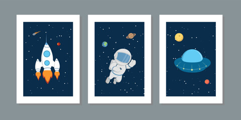 Kids wall art minimalist decor. Vector flat space seamless pattern background. Cute template with Sun, Astronaut, Spaceship, Rocket Black Hole Stars in Outer space. Print nursery, baby toy cards cover