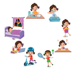 Cartoon kid daily routine activities set