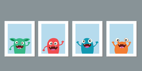 Kids wall art minimalist decor. Four frame vector cute colorful monster, virus, germ cartoon character in space. Germ and pathogen vector icons isolated on background. Three frame set hand drawn. 