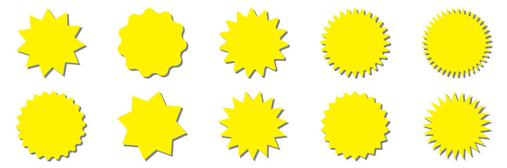Starburst yellow sticker set - collection of special offer sale round shaped sunburst labels and badges isolated on white background. Circle stickers or buttons in form of star for promo advertising.