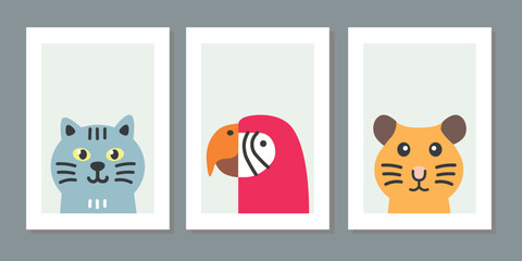 Kids wall art vector collection. Cute hand drawn design with baby animal. Wallpaper background design for child room adorable decoration. Nursery toy cards and cover. Cat, parrot and tiger vector. © Handan