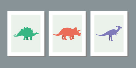 Three frame set of illustrations with cute dinosaurs on a white background. Hand drawn cartoon dinos vector for children, girl, boy. For postcard, wall, poster kids room fabric fashion shirt clothes.
