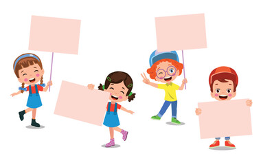 Kids holding banners. Vector boy and girl with empty banner, illustration cartoon school kid and board for text