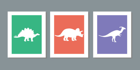 Fototapeta premium Three frame set of illustrations with cute dinosaurs on a white background. Hand drawn cartoon dinos vector for children, girl, boy. For postcard, wall, poster kids room fabric fashion shirt clothes. 