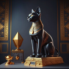 Black Egyptian cat with beautiful gold jewelry on a dark background. Figurine of a black Egyptian cat goddess Bastet. 