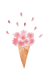 Ice cream cone with pink flowers and petal on white background