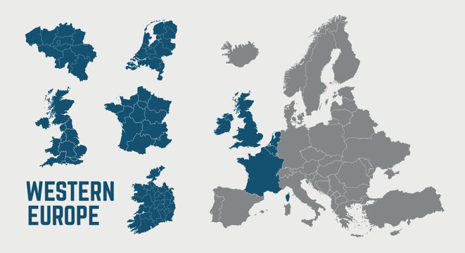 Western Europe map. United Kingdom, France, Poland, Ireland, Denmark, Belgium, Netherlands maps with regions. Europe map isolated on white background. High detailed. Vector illustration	