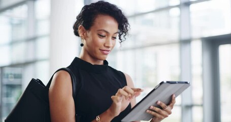 Tablet, business woman and walking in office, checking email or research. Tech, female and employee from Brazil in company workplace with digital touchscreen for social media or internet browsing. - Powered by Adobe