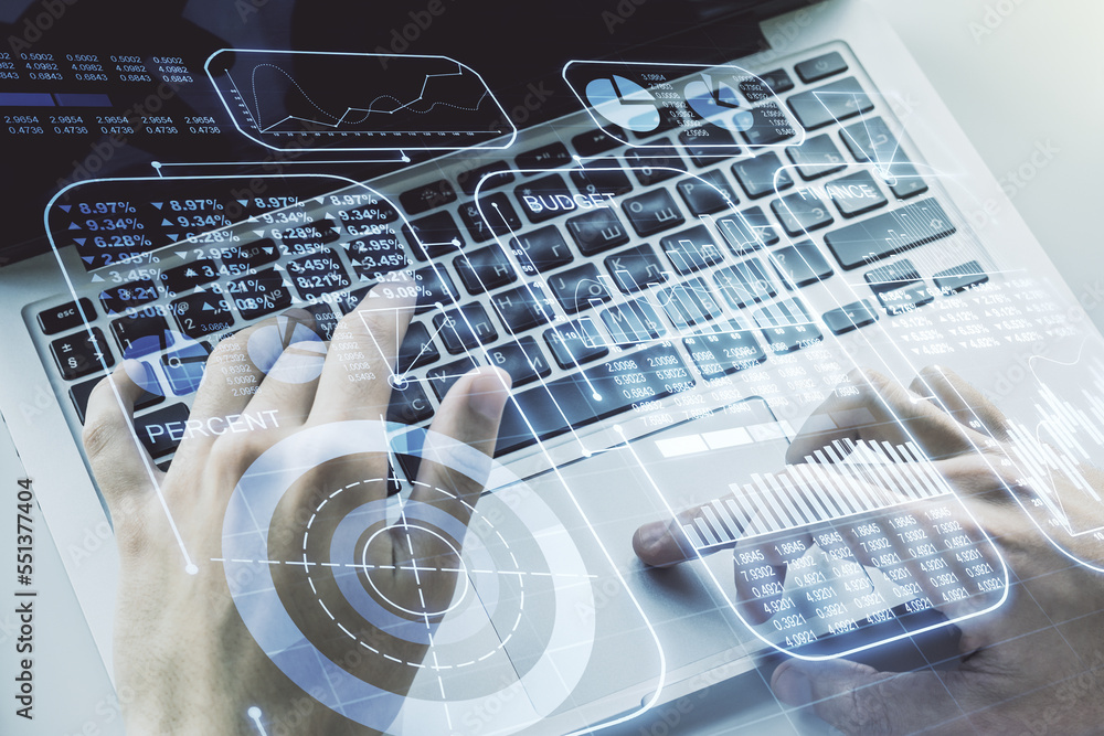 Poster double exposure of abstract creative statistics data hologram with hands typing on laptop on backgro