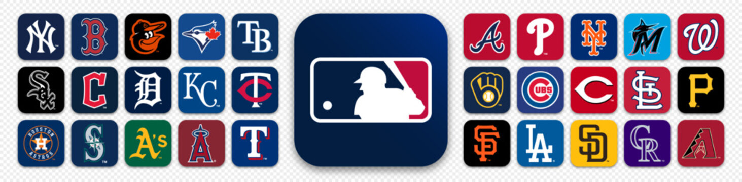 Social network embleme icon logo, MLB Major League Baseball, American League and National League, Vector editorial illustration
