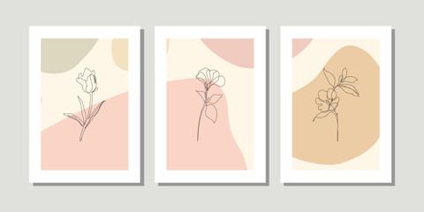 Trendy outline style. Wall art foliage minimal canvas vector. Hand drawn flowers leaves with green texture, line art. Botanical poster set for wall decoration, interior, wallpaper, banner. Pastel colo