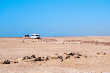 Tour buses drive through the desert in Ras Mohammed national park. Beautiful landscape in Sinai peninsula in Egypt.