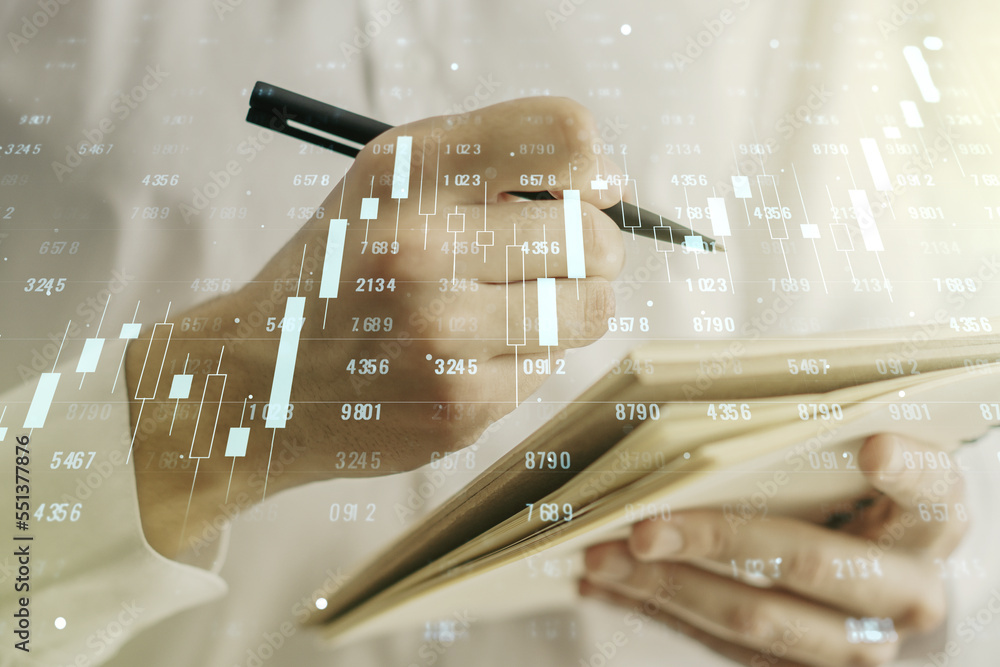 Poster multi exposure of stats data illustration with man hand writing in notebook on background, computing