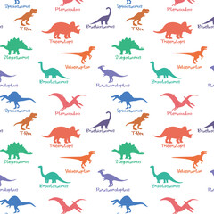 Vector hand drawn colored seamless repeating childrens pattern with cute dinosaurs. Scandinavian style on white background.Print for T-shirts, textiles, wrapping paper, web.