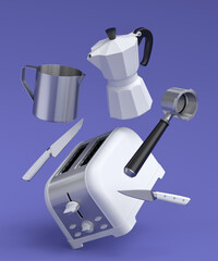 Toaster, coffee machine horn and geyser coffee maker on violet background.
