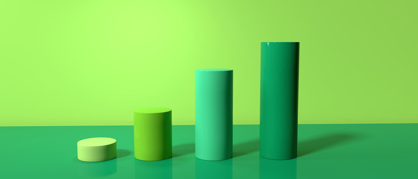 Cylinder shaped bar graphs on a colored background - 3D render