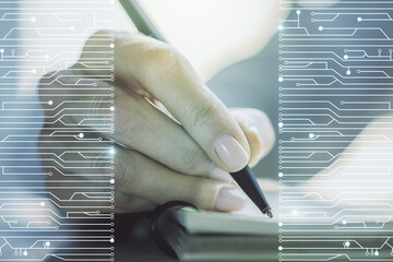 Creative abstract micro chip hologram and woman hand writing in diary on background, artificial...