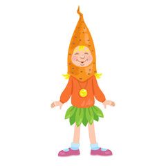 Funny girl dressed as a carrot. Suit for a school party. In cartoon style. Isolated on white background. Vector illustration.