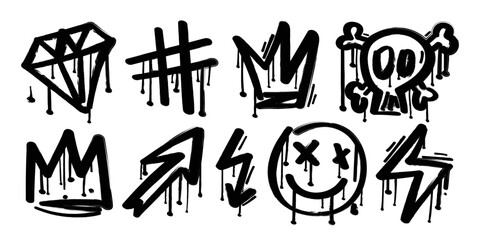 Set of black graffiti spray elements. Collection of skull, diamond, crown, emoji, arrows. Airbrush urban style drawing graphics on white isolated background for fashion graphics, t-shirt prints. - obrazy, fototapety, plakaty