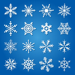 Flat snowflakes, icons isolated on a blue background.