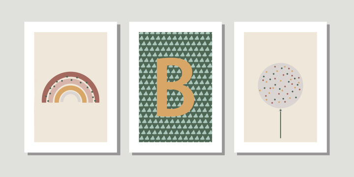Kids, child art interior home decor. Letter B. 3 pieces frame canvas wall art. Colorful prints with shapes, Rainbow, balloon. Element for design. Three vertical frame posters on floor with white walls