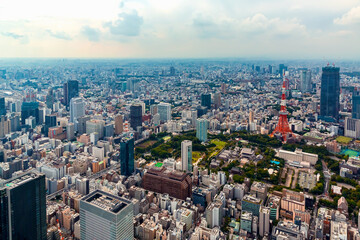Fototapeta premium Aerial view of Tokyo Tower in Minato City, Tokyo, Japan