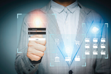 Person touching virtual screen to scan fingerprint, digital management concept, internet of things, financial process, automation, compute