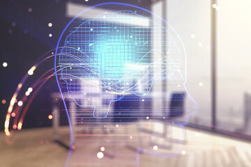 Double exposure of creative human head microcircuit and modern desk with computer on background. Future technology and AI concept