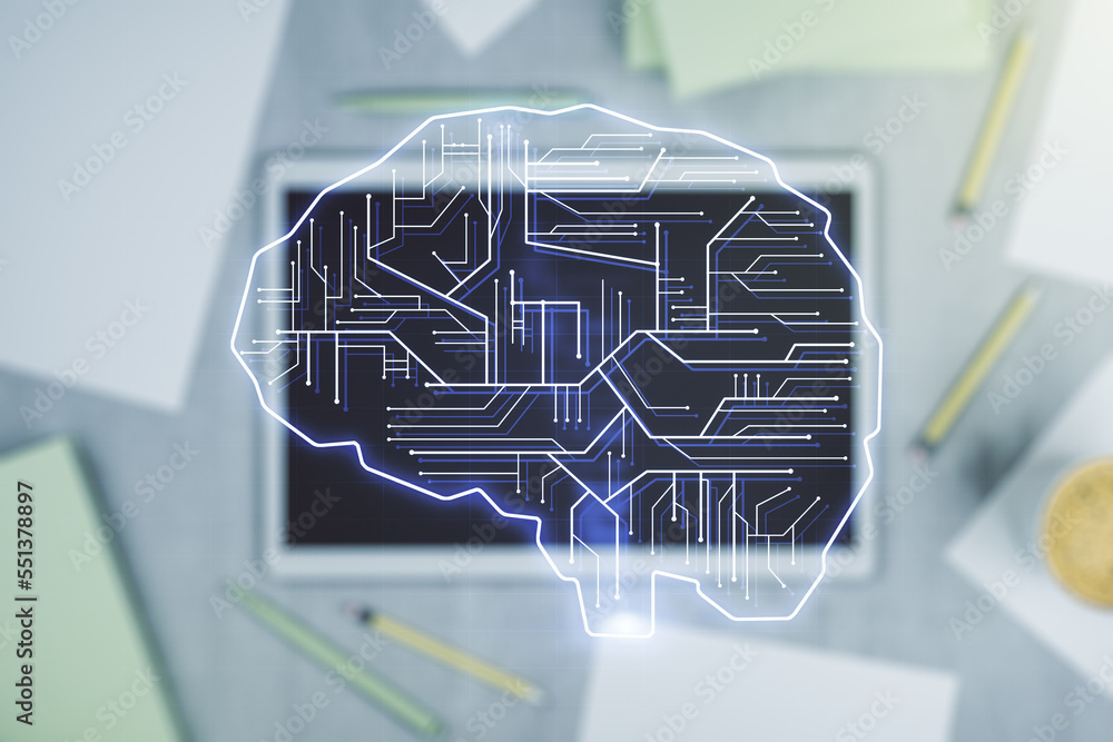 Poster double exposure of creative artificial intelligence symbol and digital tablet on background, top vie