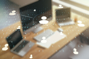 Social network media concept and modern desktop with pc on background. Double exposure