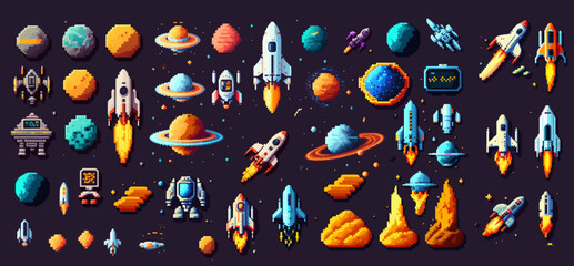 Space game asset 8 bit pixel art. Galaxy planets, rockets. Vector illustration © Zaleman