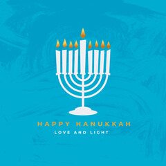 Happy Hanukkah poster with creative symbols in flat style. Modern design for card, web, banner, typography. Vector illustration. Modern design isolated on blue background.