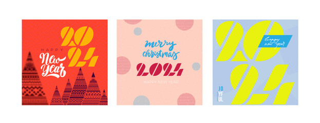 Merry Christmas and Happy New Year. Set of posters, greeting cards, holiday covers. Xmas design with typography and season wishes in modern minimalist style for social media, web, print. Vector eps 10