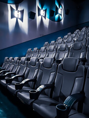 Cinema and entertainment, empty dark movie theatre seats for tv show streaming service and film...