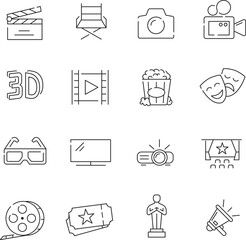 Ui UX web 3D outline glasses Cinema set movie icons. TV casting film vector bundle icon. Minimal app theater Oscar acting symbols. Simple video studio camera button design