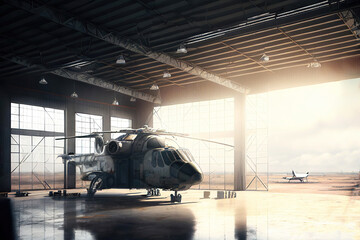 Military helicopter parked in air force hangar building - obrazy, fototapety, plakaty
