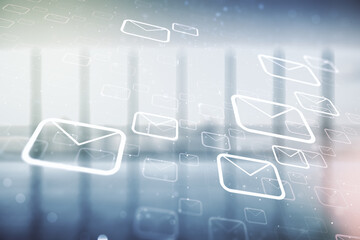 Abstract virtual postal envelopes illustration on empty corporate office background. Email and communications concept. Multiexposure