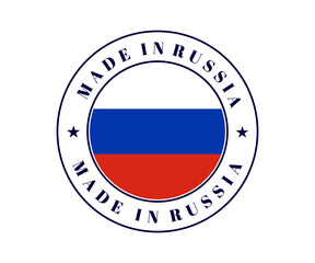 Made in Russia circle label. Russia flag, Russian emblem for product, Russian flag label on white background. 
